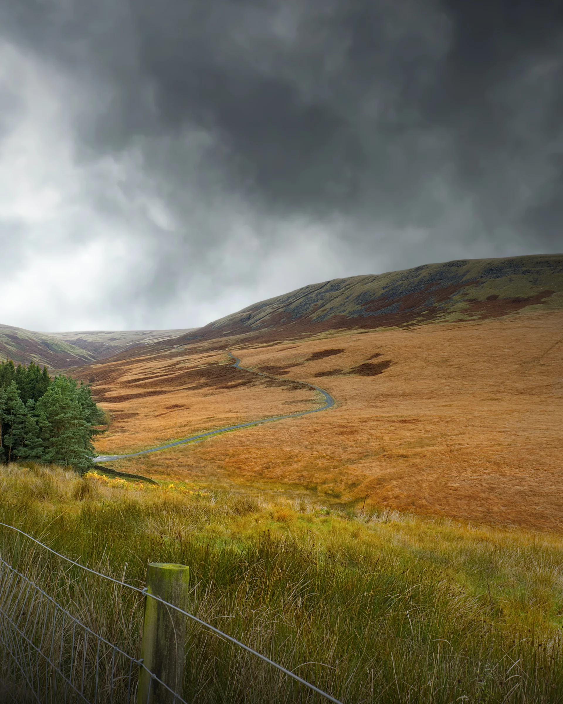 There's a strong chance this image contains the following subjects: sky,  landscape,  travel,  fall,  nature,  lancashire,  forest,  grass. The photographer has provided the following description: Taken in the Forest of Bowland in Lancashire, before a storm. Photographer_name: Chris Michael. Title: Cross of Greet. The photographer has provided the following description: Taken in the Forest of Bowland in Lancashire, before a storm. Make: canon. Model: EOS R. Technical: RF16mm.. Published: 2025-09-06 18:58:43