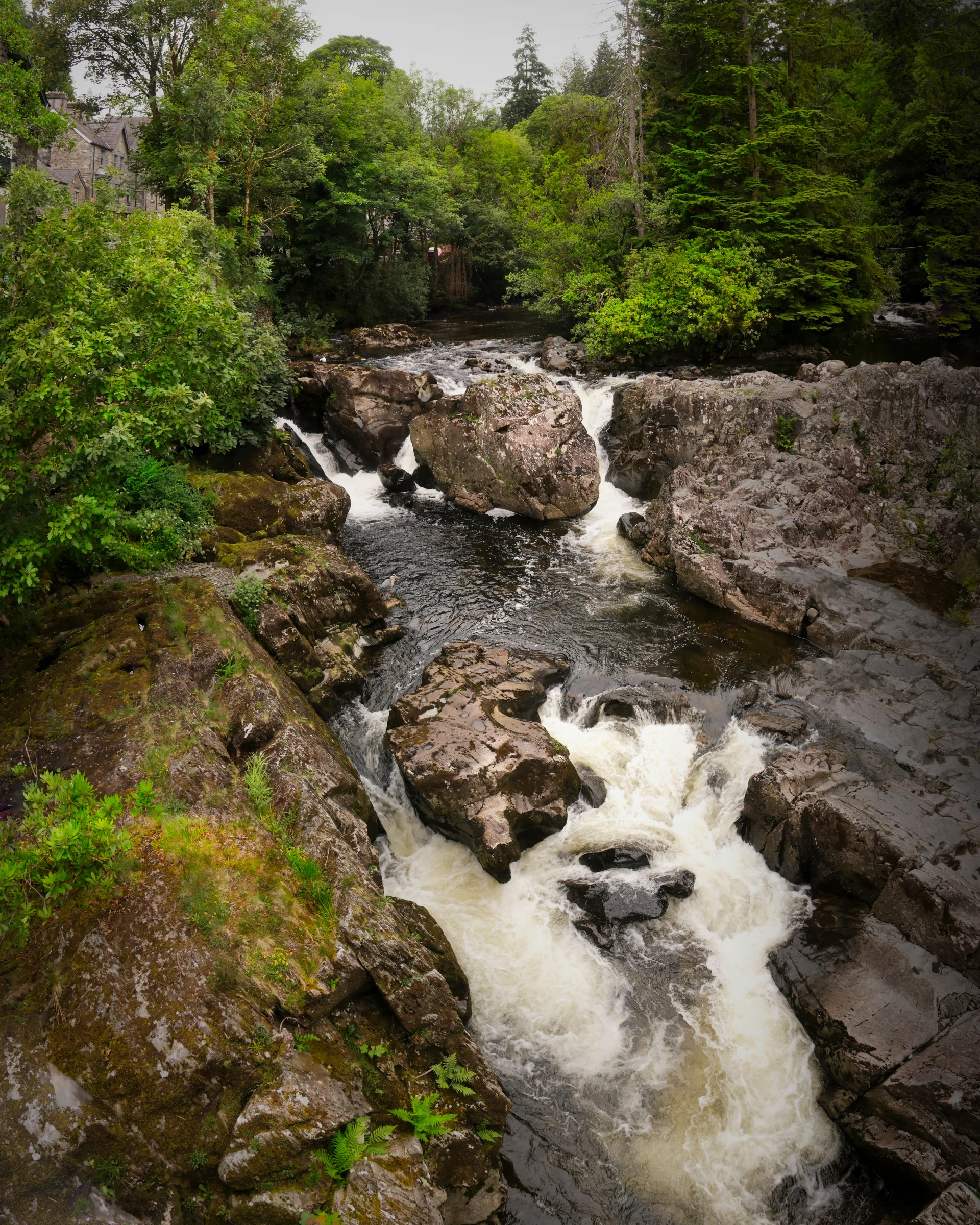 There's a strong chance this image contains the following subjects: water,  landscape,  travel,  rock,  fall,  nature,  summer,  river,  waterfall,  stream,  wales,  snowdonia,  eryri,  eryrinationalpark,  nationalpark. The photographer has provided the following description: Taken in the stunning village of Betws-y-Coed, Wales. Photographer_name: Chris Michael. Title: The Falls. The photographer has provided the following description: Taken in the stunning village of Betws-y-Coed, Wales. Make: fujifilm. Model: X-T5. Technical: 16-80mm. Published: 2025-09-09 14:00:12