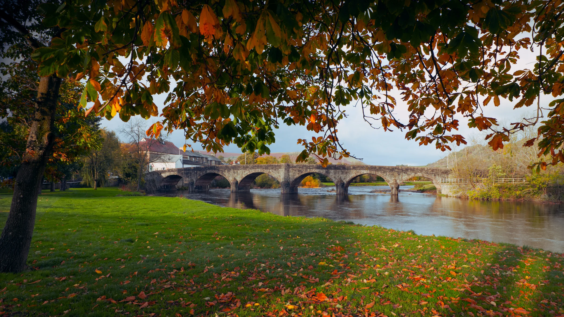 There's a strong chance this image contains the following subjects: tree,  garden,  landscape,  fall,  leaf,  river,  bridge,  park,  trees,  wales,  autumn. The photographer has provided the following description: In mid-Wales is the town of Builth Wells, and one Autumn I decided to have a drive out capture their stunning bridge over the River Wye. Photographer_name: Chris Michael. Title: Builth Wells. The photographer has provided the following description: In mid-Wales is the town of Builth Wells, and one Autumn I decided to have a drive out capture their stunning bridge over the River Wye. Make: canon. Model: EOS R. Technical: 16mm. Published: 2025-09-09 13:47:59