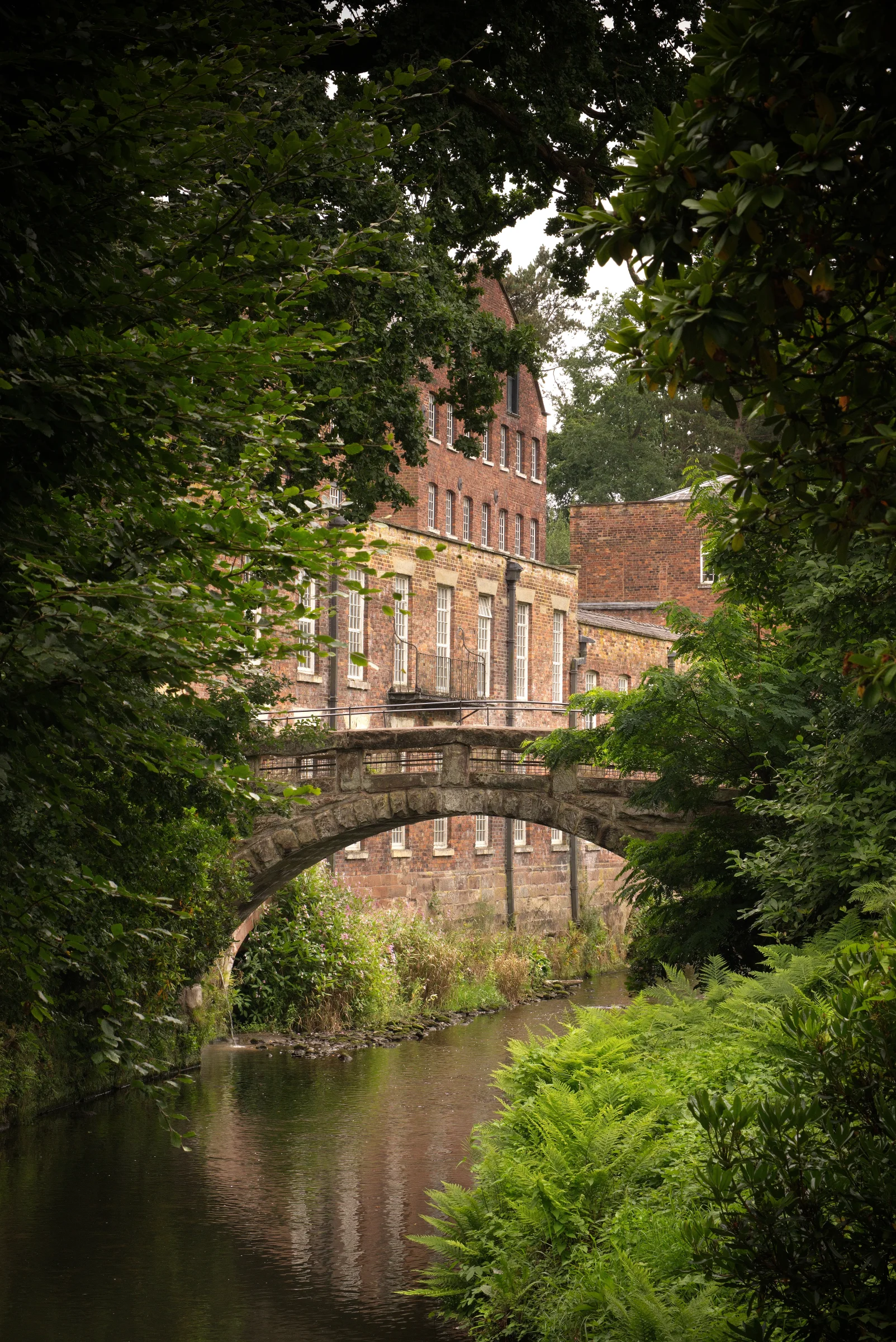 There's a strong chance this image contains the following subjects: tree,  architecture,  river,  bridge,  cheshire. The photographer has provided the following description: The beautiful Quarry Bank Mill in Styal, Cheshire Photographer_name: Chris Michael. Title: Quarry Bank Mill. The photographer has provided the following description: The beautiful Quarry Bank Mill in Styal, Cheshire Make: fujifilm. Model: X-t5. Technical: 16-80mm. Published: 2025-09-07 23:37:46