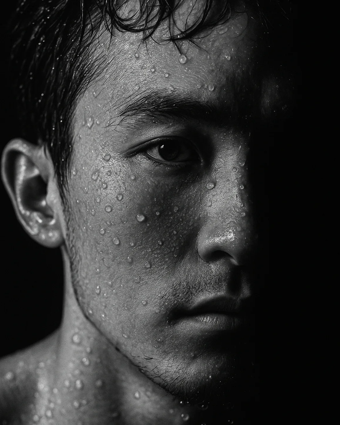 There's a strong chance this image contains the following subjects: monochrome,  people,  man,  portrait,  dark. Source: https://www.instagram.com/sardo_r_lav9999/ Photographer_name: Sardor. Title: Emerging from the dark, still breathing.. Published: 2025-06-27 11:42:30