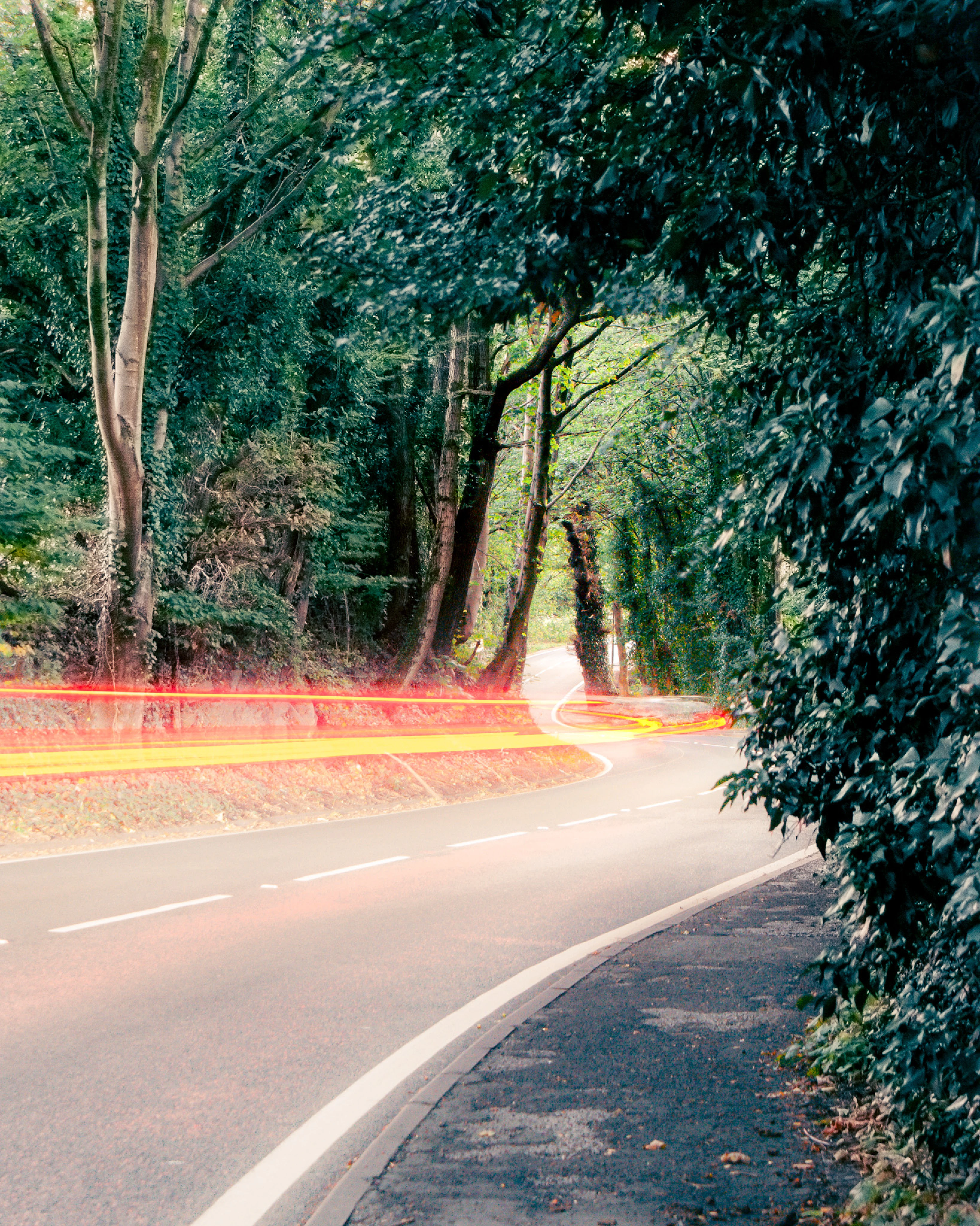 There's a strong chance this image contains the following subjects: tree,  light,  road. The photographer has provided the following description: Long exposure of cars travelling down a country road. Photographer_name: Lee Sillery. Title: When light bends. The photographer has provided the following description: Long exposure of cars travelling down a country road. Make: sony. Model: a300. Technical: 18-70mm. 800 ISO. f9. 10 second shutter.. Published: 2025-08-17 17:26:53